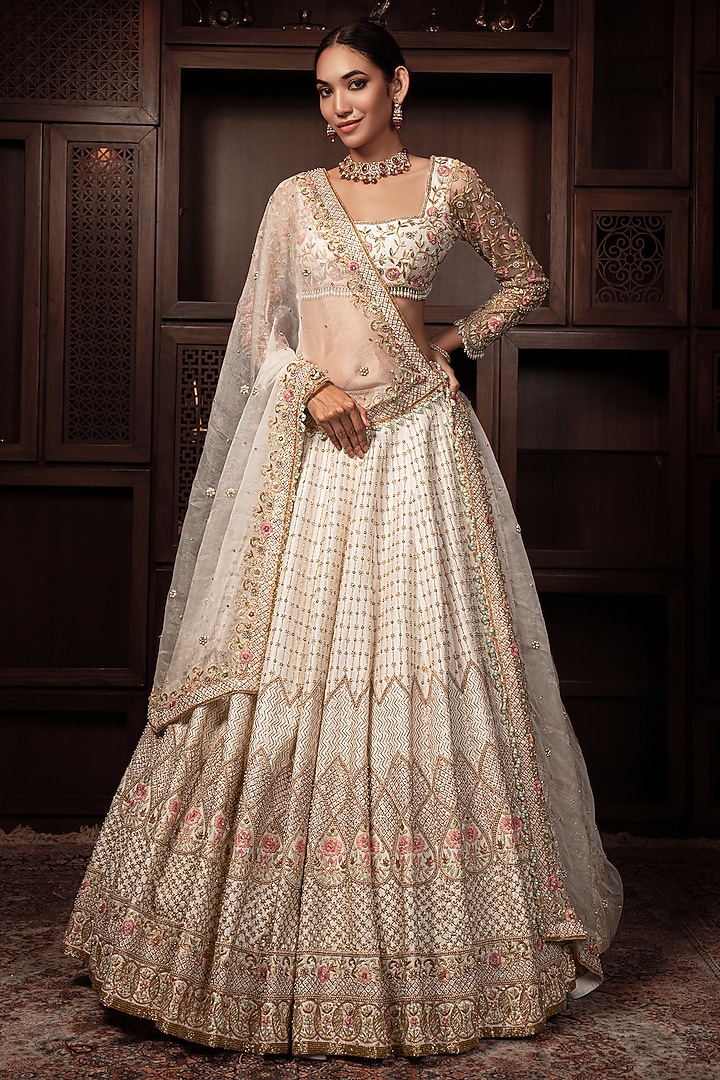 White Raw Silk Zardosi & Cutdana Embroidered Bridal Lehenga Set by AMRIN KHAN at Pernia's Pop Up Shop