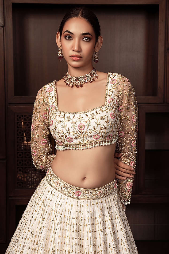 White Raw Silk Zardosi & Cutdana Embroidered Bridal Lehenga Set by AMRIN KHAN at Pernia's Pop Up Shop