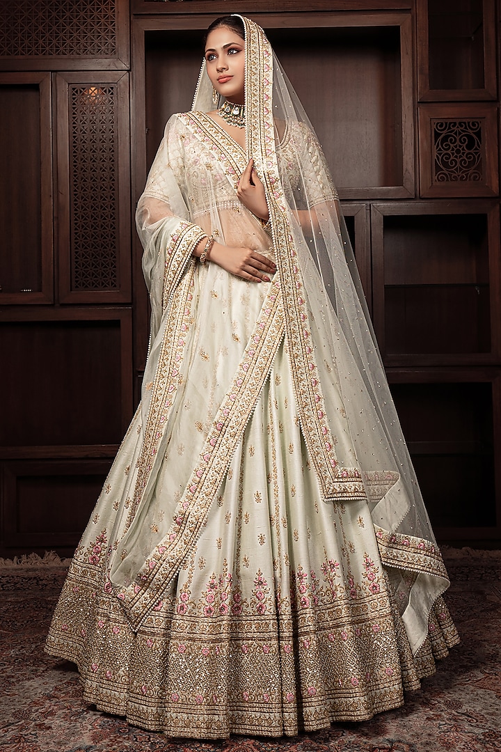 Mint Green Raw Silk Zardosi Embellished Bridal Lehenga Set by AMRIN KHAN at Pernia's Pop Up Shop