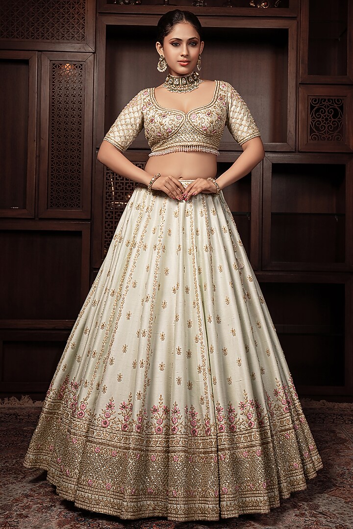 Mint Green Raw Silk Zardosi Embellished Bridal Lehenga Set by AMRIN KHAN at Pernia's Pop Up Shop