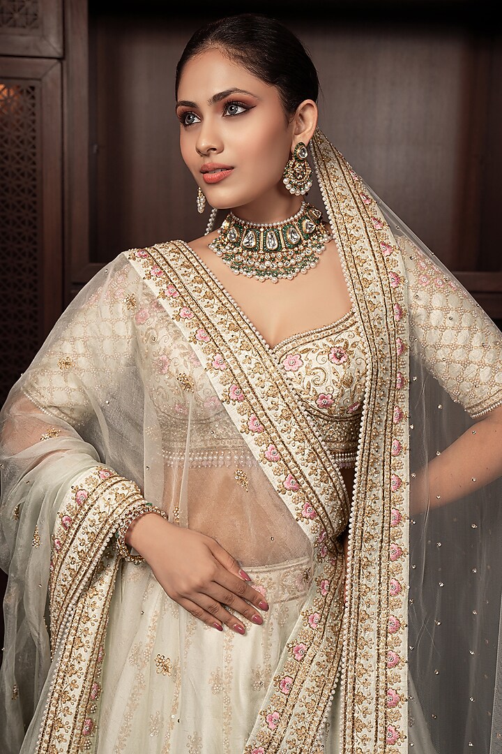 Mint Green Raw Silk Zardosi Embellished Bridal Lehenga Set by AMRIN KHAN at Pernia's Pop Up Shop