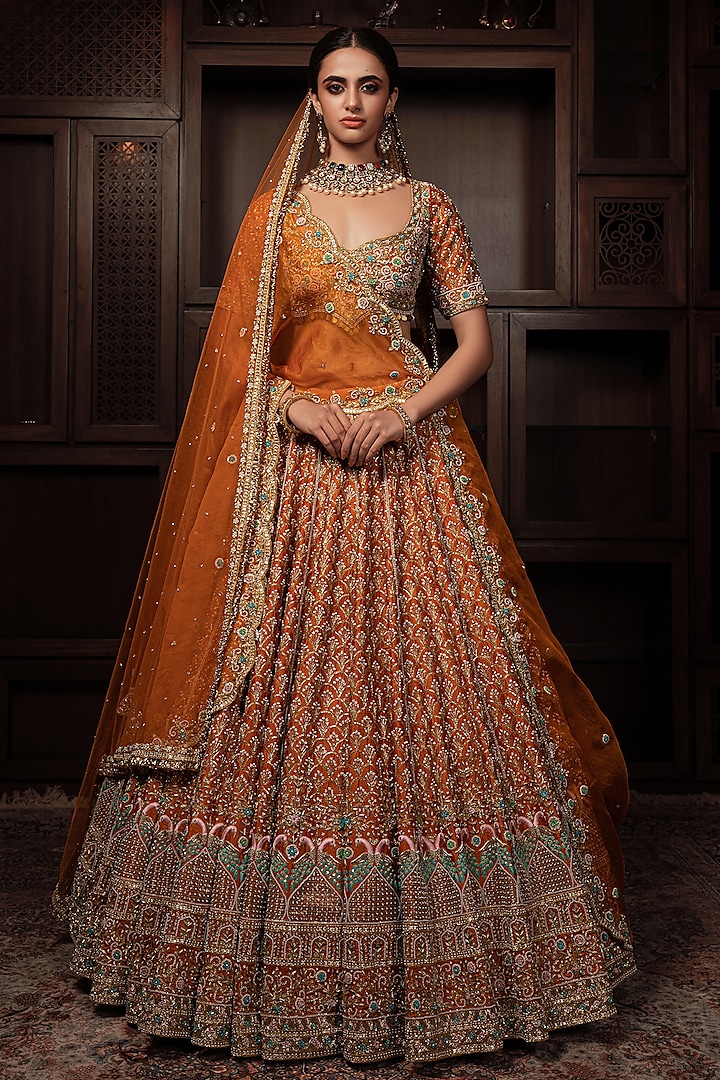 Mustard Raw Silk Zardosi & Cutdana Embroidered Bridal Lehenga Set by AMRIN KHAN at Pernia's Pop Up Shop
