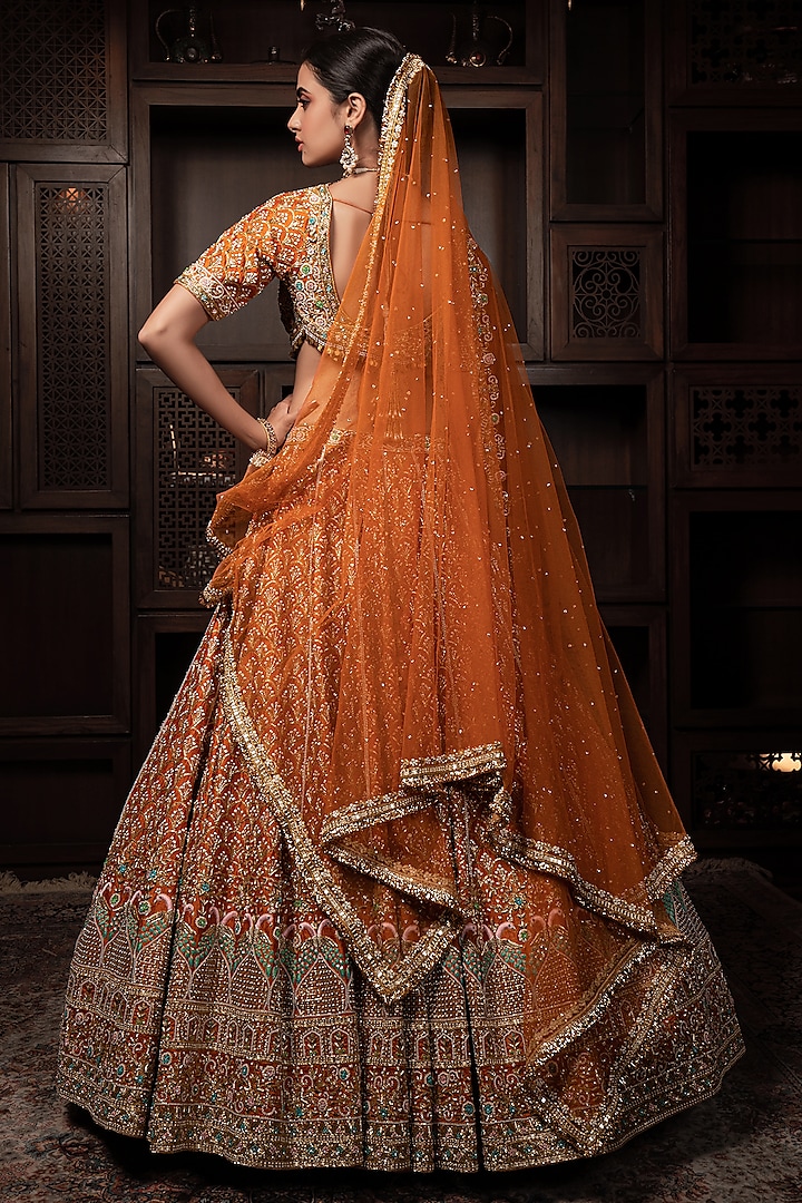 Mustard Raw Silk Zardosi & Cutdana Embroidered Bridal Lehenga Set by AMRIN KHAN at Pernia's Pop Up Shop