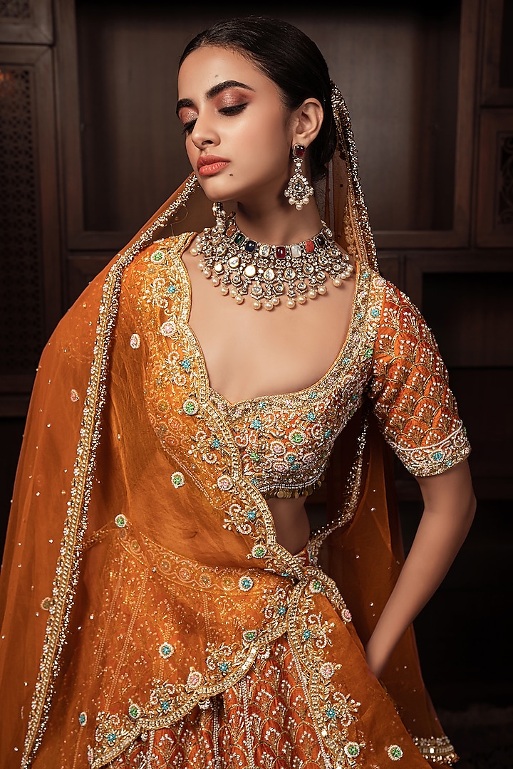 Mustard Raw Silk Zardosi & Cutdana Embroidered Bridal Lehenga Set by AMRIN KHAN at Pernia's Pop Up Shop