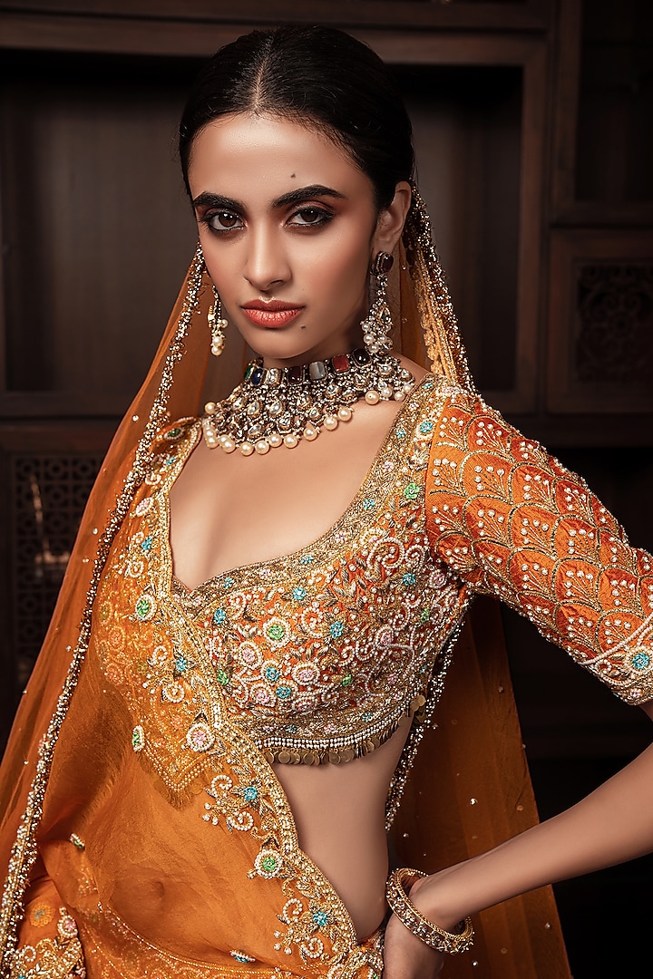 Mustard Raw Silk Zardosi & Cutdana Embroidered Bridal Lehenga Set by AMRIN KHAN at Pernia's Pop Up Shop