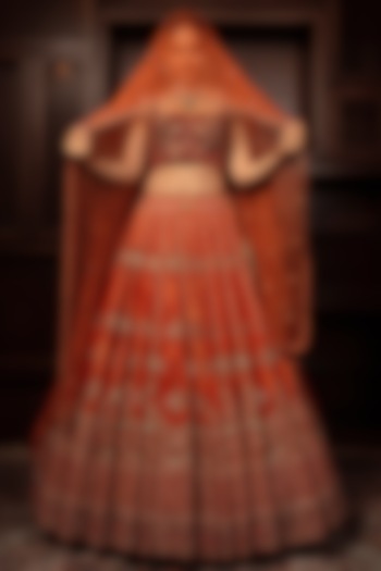 Orange Velvet Zardosi Embroidered Bridal Lehenga Set
by AMRIN KHAN at Pernia's Pop Up Shop