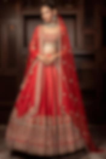 Rust-Red Raw Silk Zardosi Embroidered Bridal Lehenga Set by AMRIN KHAN at Pernia's Pop Up Shop
