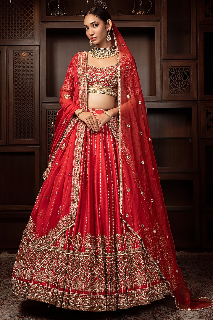 Rust-Red Raw Silk Zardosi Embroidered Bridal Lehenga Set by AMRIN KHAN at Pernia's Pop Up Shop