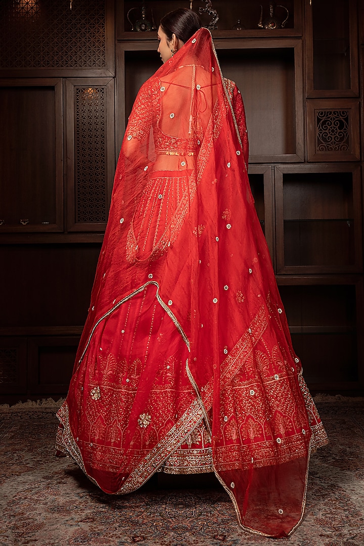 Rust-Red Raw Silk Zardosi Embroidered Bridal Lehenga Set by AMRIN KHAN at Pernia's Pop Up Shop