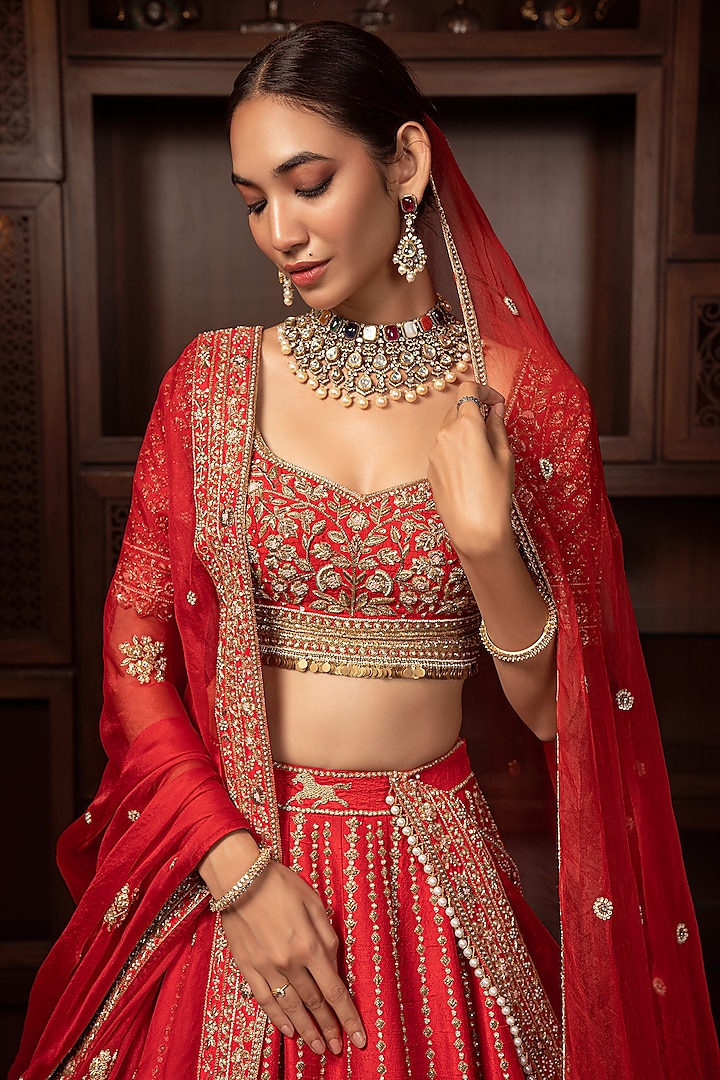 Rust-Red Raw Silk Zardosi Embroidered Bridal Lehenga Set by AMRIN KHAN at Pernia's Pop Up Shop