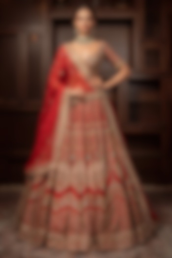 Maroon Raw Silk Pitta Embroidered Bridal Lehenga Set by AMRIN KHAN at Pernia's Pop Up Shop