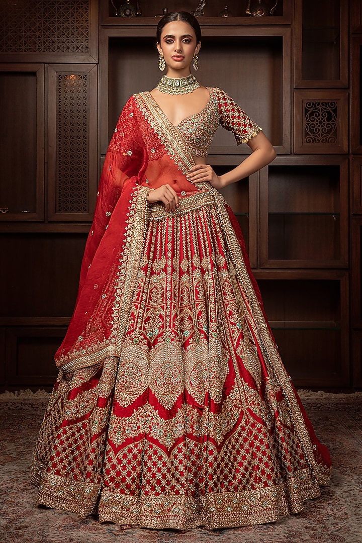 Maroon Raw Silk Pitta Embroidered Bridal Lehenga Set by AMRIN KHAN at Pernia's Pop Up Shop