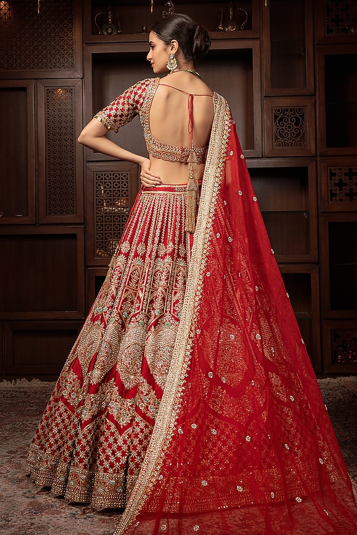 Maroon Raw Silk Pitta Embroidered Bridal Lehenga Set by AMRIN KHAN at Pernia's Pop Up Shop