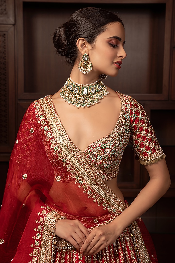 Maroon Raw Silk Pitta Embroidered Bridal Lehenga Set by AMRIN KHAN at Pernia's Pop Up Shop