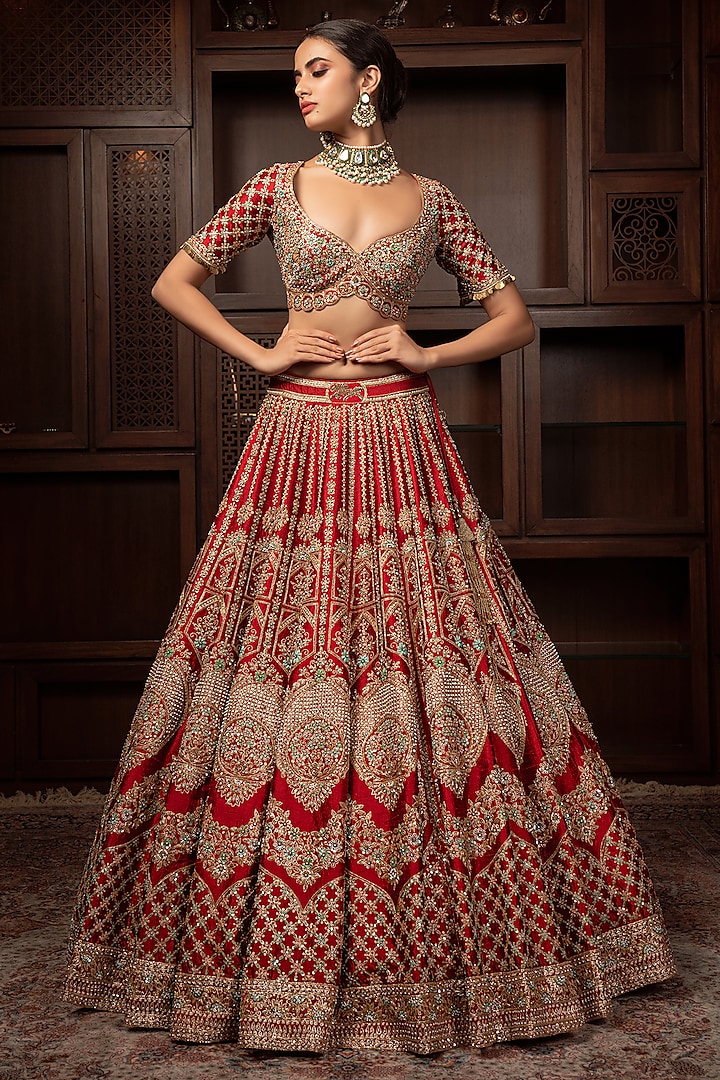 Maroon Raw Silk Pitta Embroidered Bridal Lehenga Set by AMRIN KHAN at Pernia's Pop Up Shop