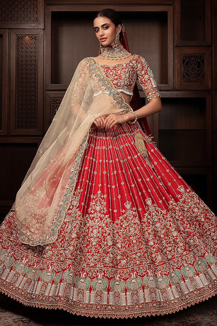 Rust-Red Raw Silk Zardosi Embellished Bridal Lehenga Set by AMRIN KHAN at Pernia's Pop Up Shop