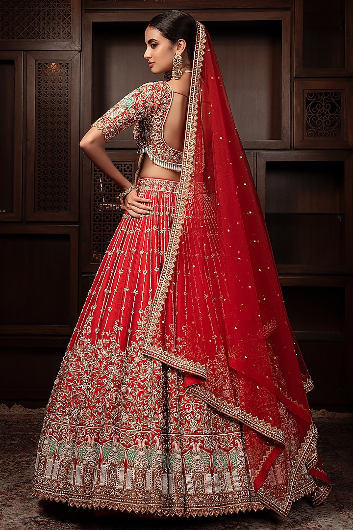 Rust-Red Raw Silk Zardosi Embellished Bridal Lehenga Set by AMRIN KHAN at Pernia's Pop Up Shop