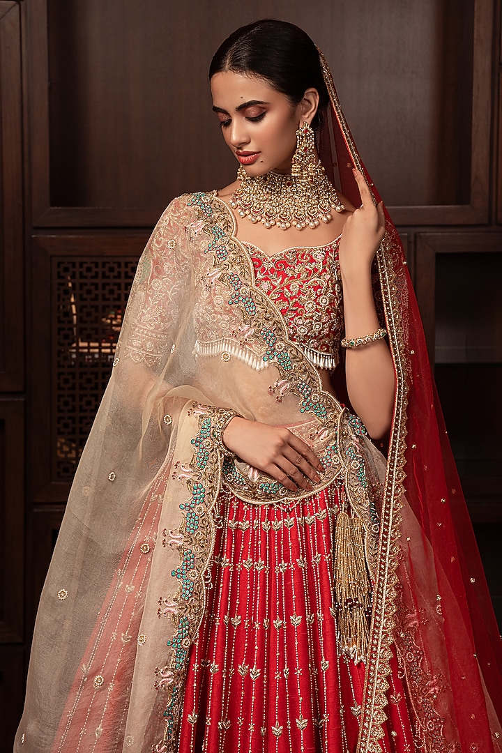Rust-Red Raw Silk Zardosi Embellished Bridal Lehenga Set by AMRIN KHAN at Pernia's Pop Up Shop