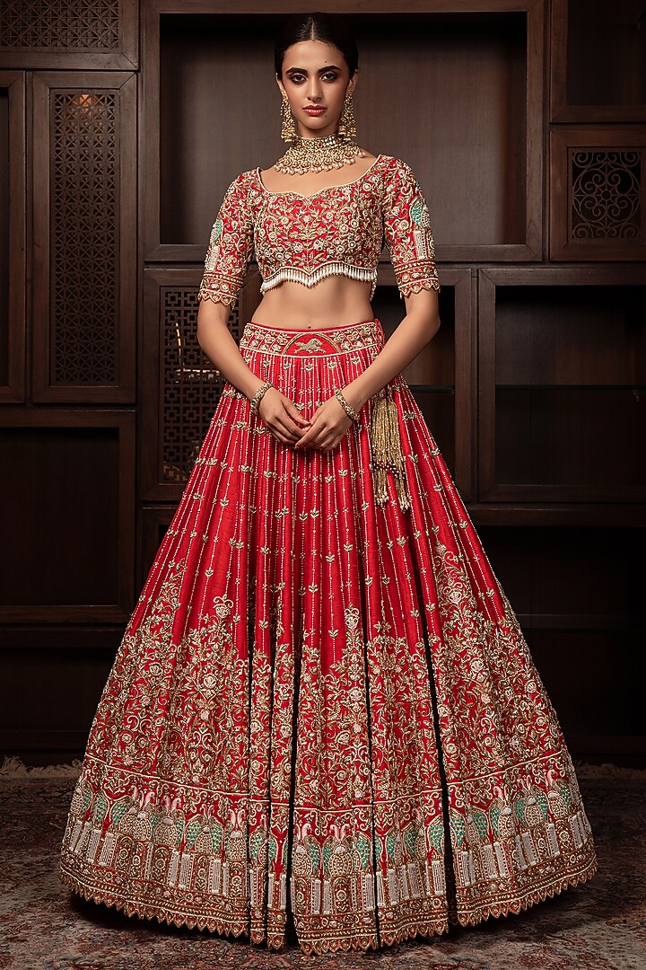 Rust-Red Raw Silk Zardosi Embellished Bridal Lehenga Set by AMRIN KHAN at Pernia's Pop Up Shop