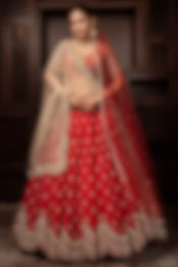 Red Raw Silk Sequins & Zardosi Embroidered Bridal Lehenga Set by AMRIN KHAN at Pernia's Pop Up Shop