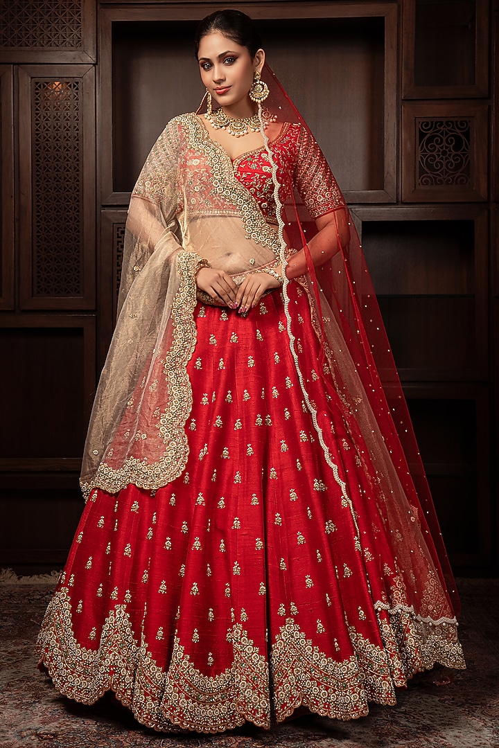 Red Raw Silk Sequins & Zardosi Embroidered Bridal Lehenga Set by AMRIN KHAN at Pernia's Pop Up Shop