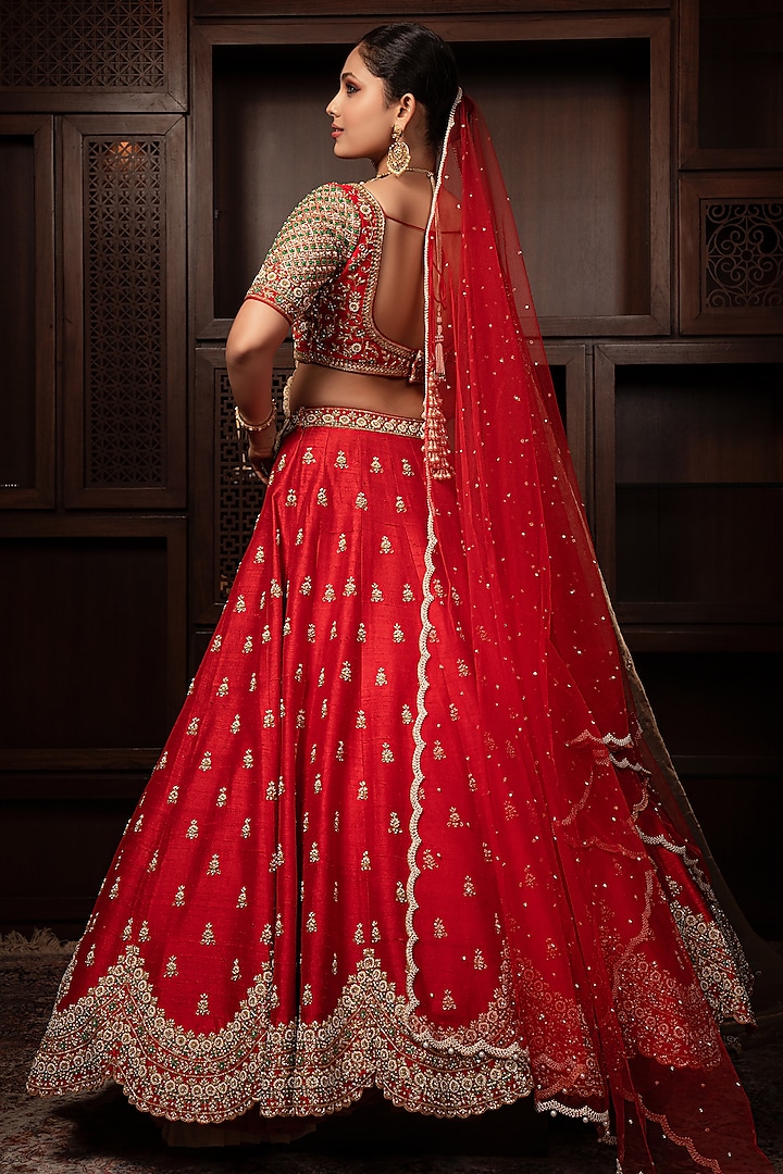 Red Raw Silk Sequins & Zardosi Embroidered Bridal Lehenga Set by AMRIN KHAN at Pernia's Pop Up Shop
