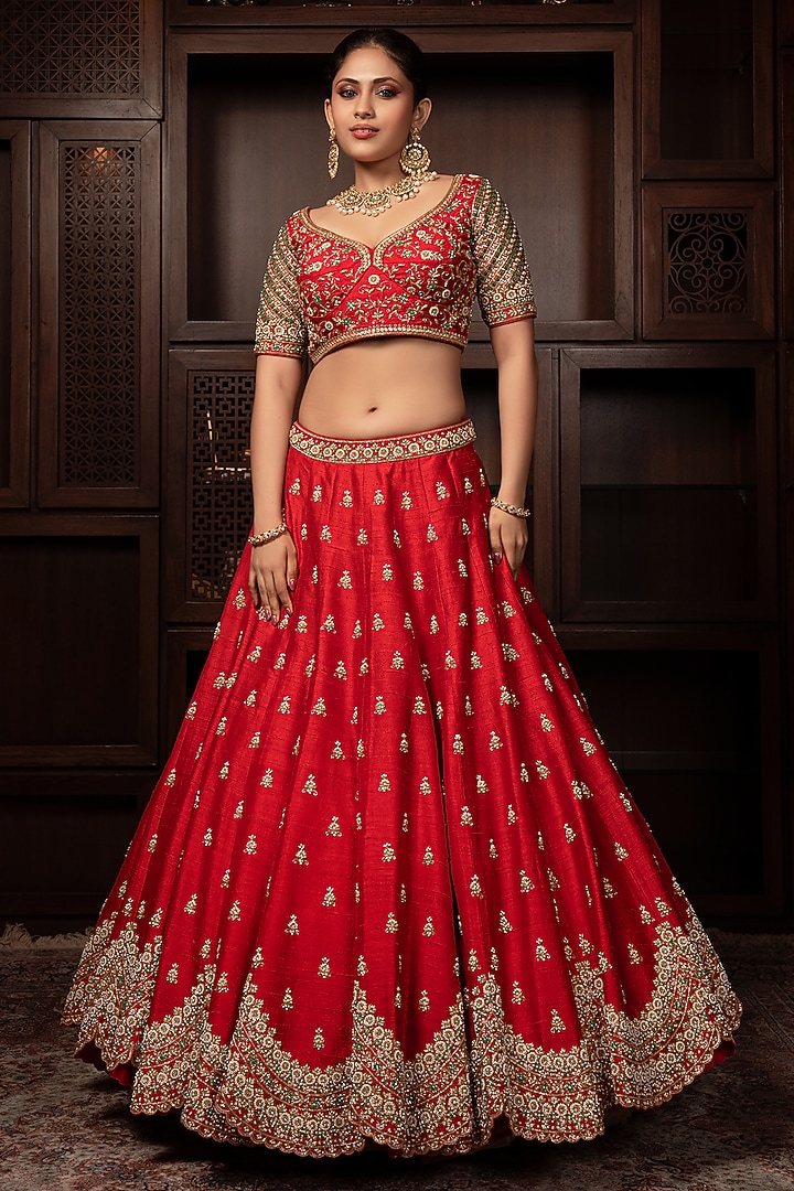Red Raw Silk Sequins & Zardosi Embroidered Bridal Lehenga Set by AMRIN KHAN at Pernia's Pop Up Shop
