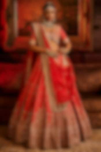 Rust-Red Raw Silk Sequins & Beads Hand Embroidered Bridal Lehenga Set by AMRIN KHAN at Pernia's Pop Up Shop