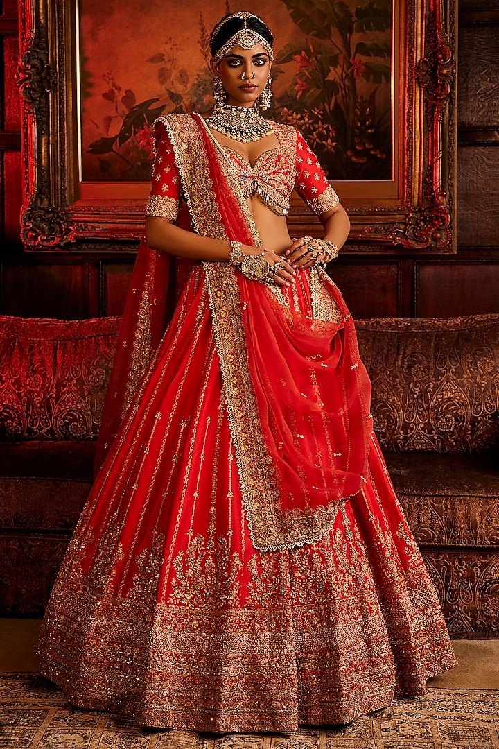 Rust-Red Raw Silk Sequins & Beads Hand Embroidered Bridal Lehenga Set by AMRIN KHAN at Pernia's Pop Up Shop