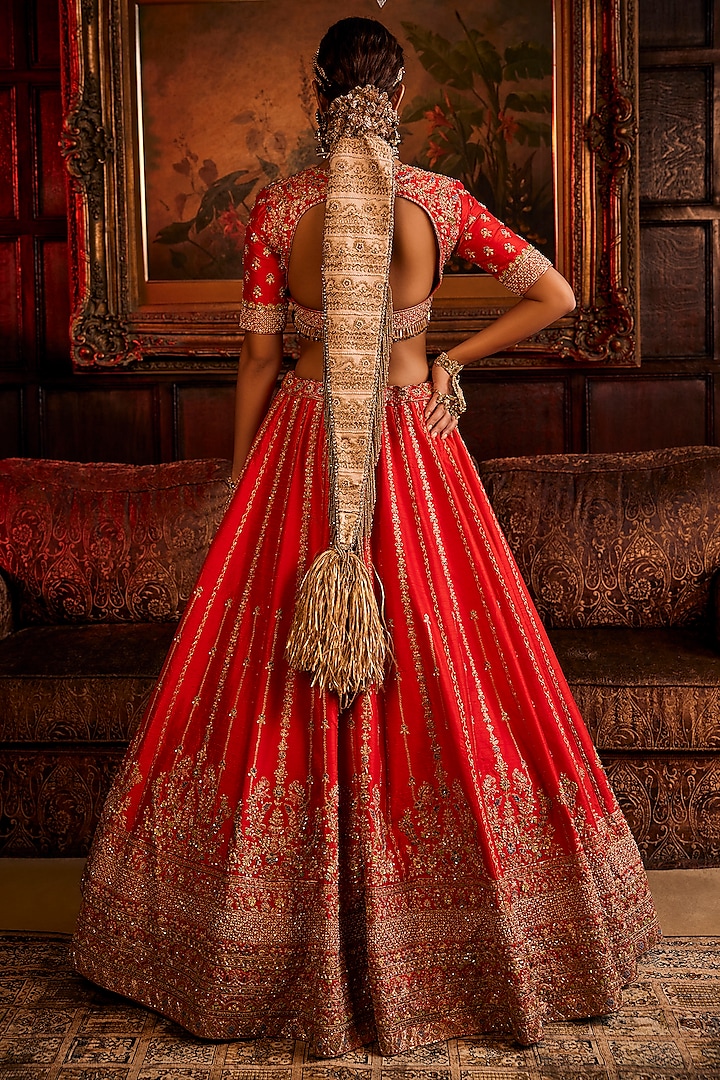 Rust-Red Raw Silk Sequins & Beads Hand Embroidered Bridal Lehenga Set by AMRIN KHAN at Pernia's Pop Up Shop