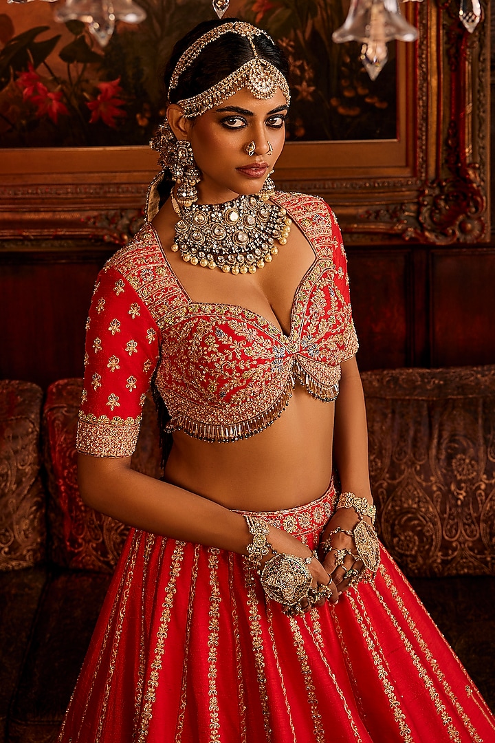 Rust-Red Raw Silk Sequins & Beads Hand Embroidered Bridal Lehenga Set by AMRIN KHAN at Pernia's Pop Up Shop