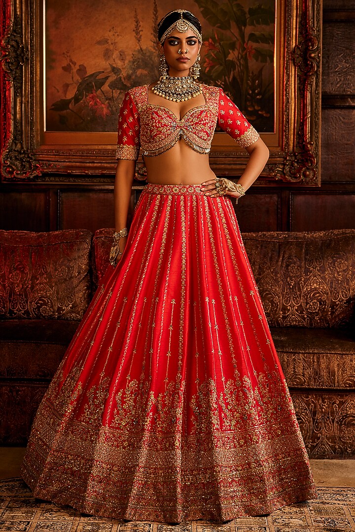 Rust-Red Raw Silk Sequins & Beads Hand Embroidered Bridal Lehenga Set by AMRIN KHAN at Pernia's Pop Up Shop