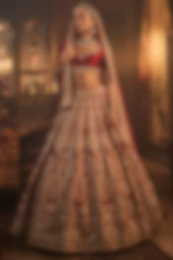 Maroon Raw Silk Zardosi & Zari Hand Embroidered Bridal Lehenga Set by AMRIN KHAN at Pernia's Pop Up Shop