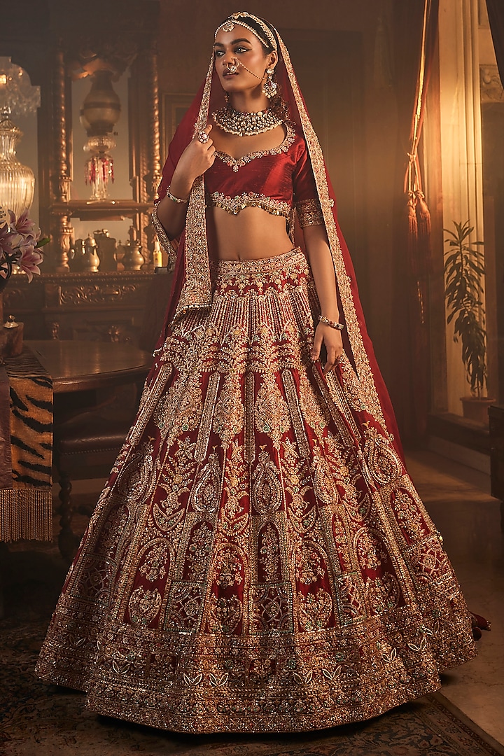 Maroon Raw Silk Zardosi & Zari Hand Embroidered Bridal Lehenga Set by AMRIN KHAN at Pernia's Pop Up Shop