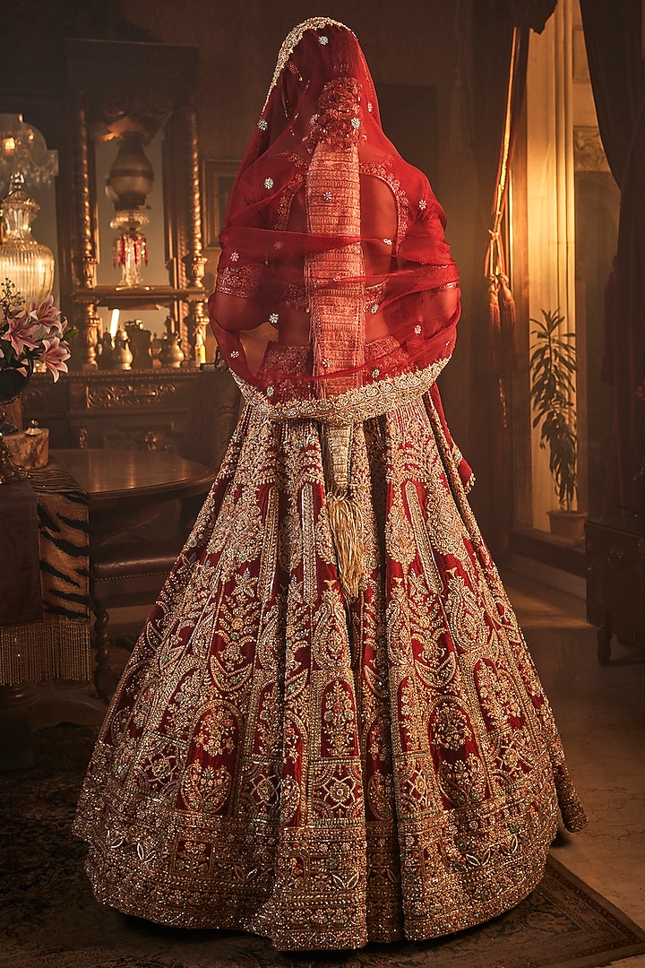 Maroon Raw Silk Zardosi & Zari Hand Embroidered Bridal Lehenga Set by AMRIN KHAN at Pernia's Pop Up Shop