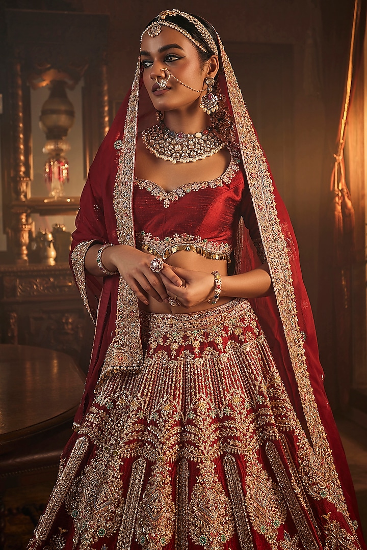 Maroon Raw Silk Zardosi & Zari Hand Embroidered Bridal Lehenga Set by AMRIN KHAN at Pernia's Pop Up Shop