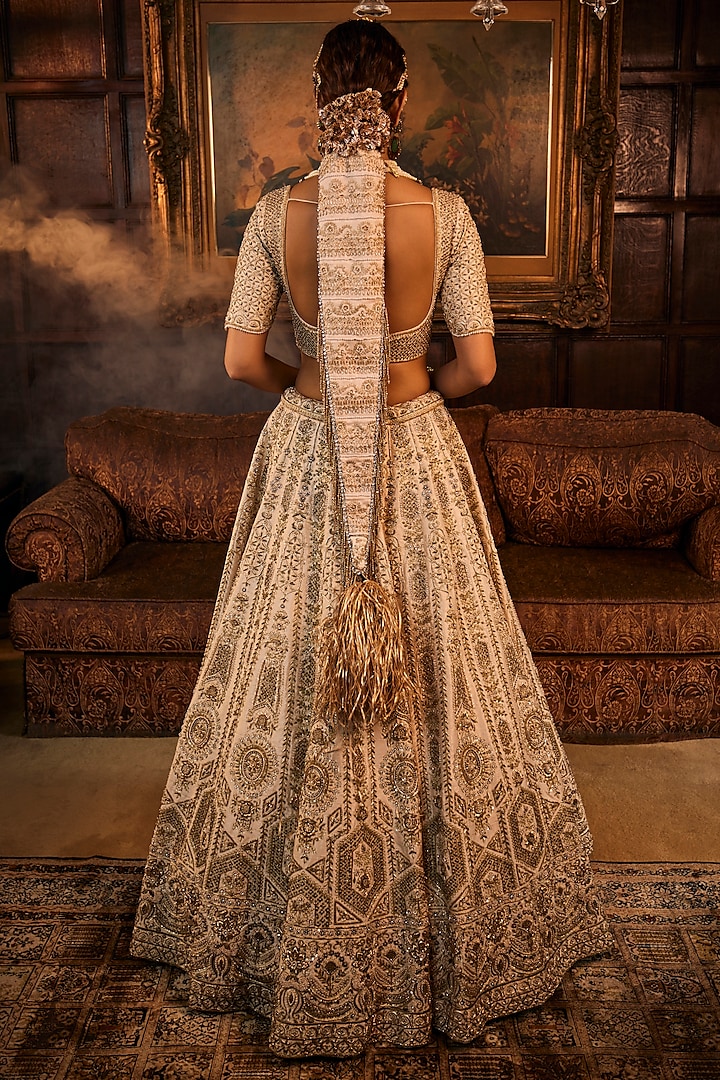 Gold Raw Silk Zardosi & Zari Embroidered Bridal Lehenga Set by AMRIN KHAN at Pernia's Pop Up Shop