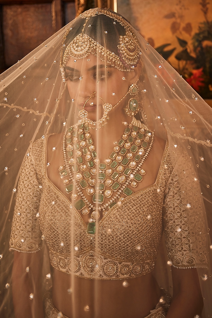 Gold Raw Silk Zardosi & Zari Embroidered Bridal Lehenga Set by AMRIN KHAN at Pernia's Pop Up Shop