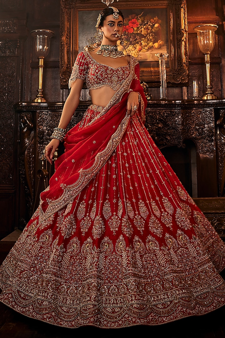 Deep Red Raw Silk Peacock-Motif Embroidered Bridal Lehenga Set by AMRIN KHAN at Pernia's Pop Up Shop