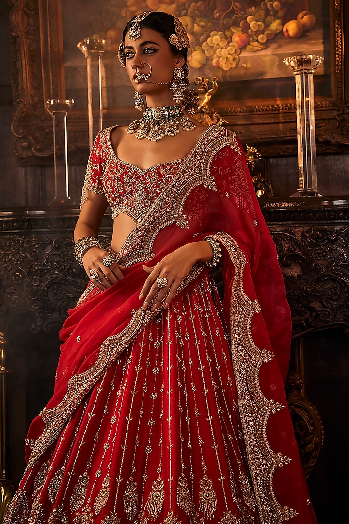 Deep Red Raw Silk Peacock-Motif Embroidered Bridal Lehenga Set by AMRIN KHAN at Pernia's Pop Up Shop