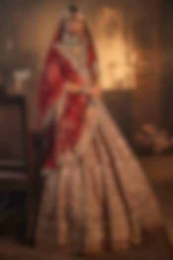Maroon-Red Raw Silk Zari & Zardosi Embroidered Bridal Lehenga Set by AMRIN KHAN at Pernia's Pop Up Shop