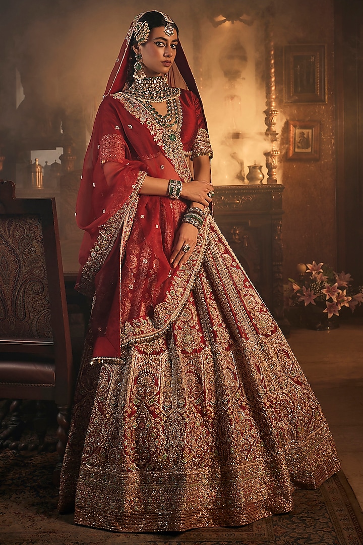 Maroon-Red Raw Silk Zari & Zardosi Embroidered Bridal Lehenga Set by AMRIN KHAN at Pernia's Pop Up Shop