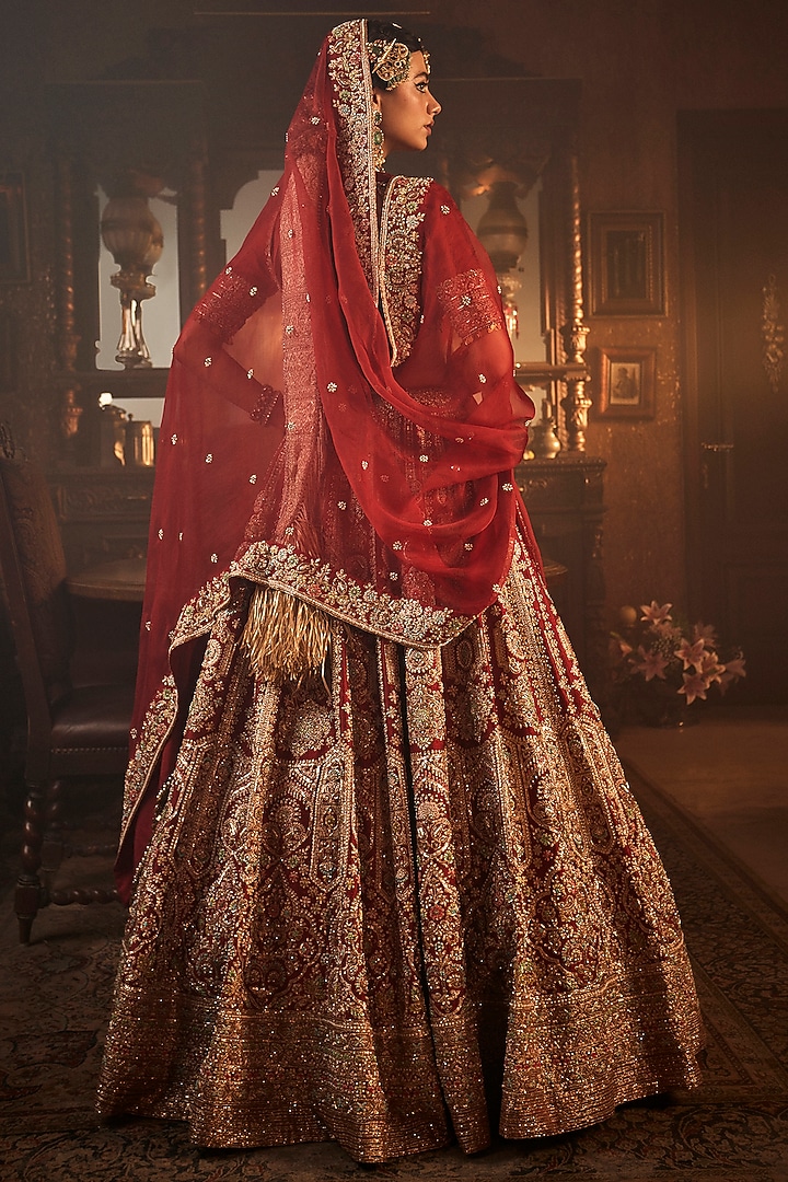 Maroon-Red Raw Silk Zari & Zardosi Embroidered Bridal Lehenga Set by AMRIN KHAN at Pernia's Pop Up Shop