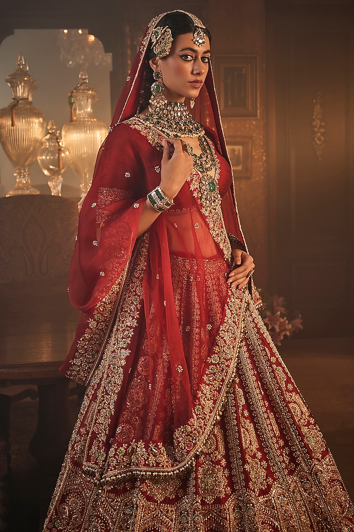 Maroon-Red Raw Silk Zari & Zardosi Embroidered Bridal Lehenga Set by AMRIN KHAN at Pernia's Pop Up Shop