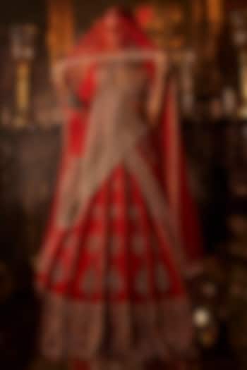 Red Raw Silk Cutdana & Zardosi Embroidered Bridal Lehenga Set by AMRIN KHAN at Pernia's Pop Up Shop