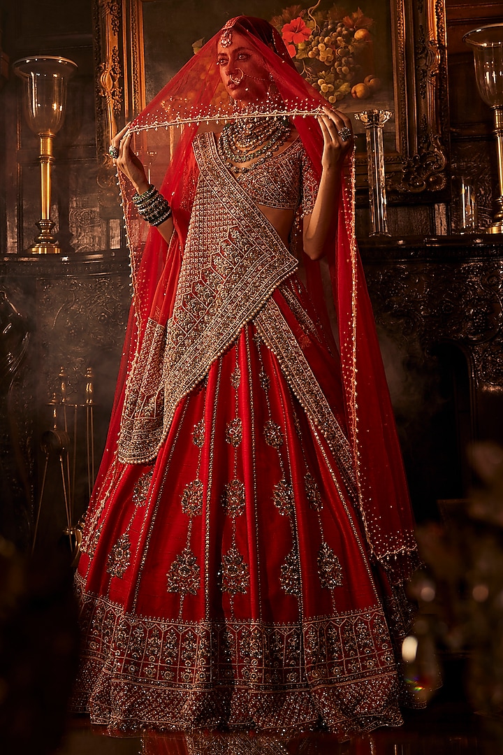 Red Raw Silk Cutdana & Zardosi Embroidered Bridal Lehenga Set by AMRIN KHAN at Pernia's Pop Up Shop