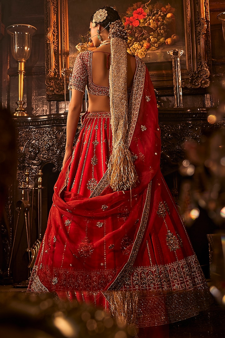 Red Raw Silk Cutdana & Zardosi Embroidered Bridal Lehenga Set by AMRIN KHAN at Pernia's Pop Up Shop
