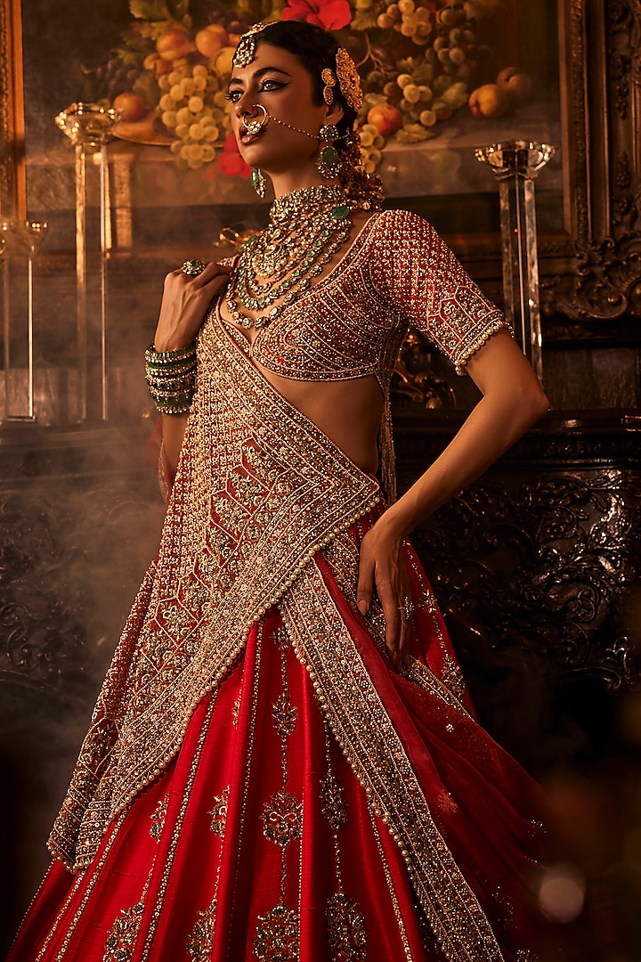 Red Raw Silk Cutdana & Zardosi Embroidered Bridal Lehenga Set by AMRIN KHAN at Pernia's Pop Up Shop