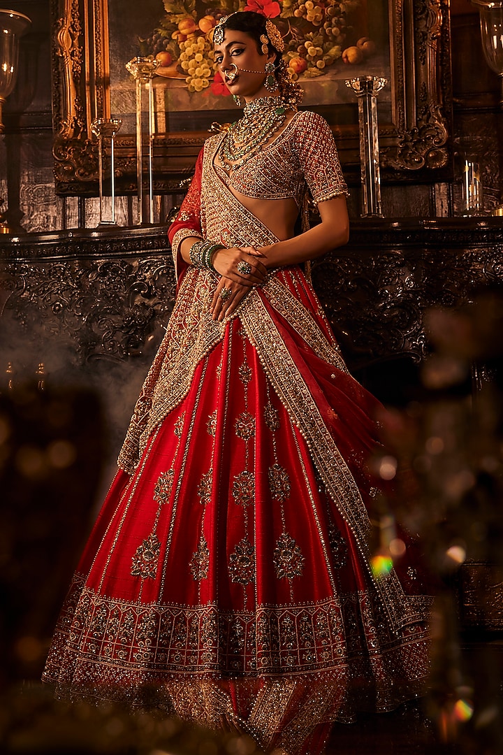 Red Raw Silk Cutdana & Zardosi Embroidered Bridal Lehenga Set by AMRIN KHAN at Pernia's Pop Up Shop