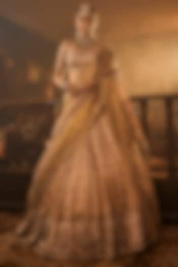 Gold Copper Raw Silk Resham Embroidered Bridal Lehenga Set by AMRIN KHAN at Pernia's Pop Up Shop